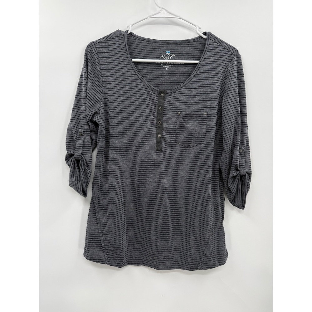 Kuhl Size S Henley Top Womens Grey‎ Striped Roll Tab 3/4 Sleeve Stretch Pocket